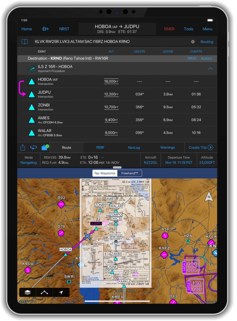 iPad showing Garmin Pilot flight plan and map