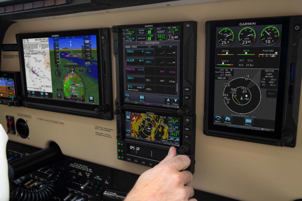 Airplane instrument panel featuring Garmin avionics