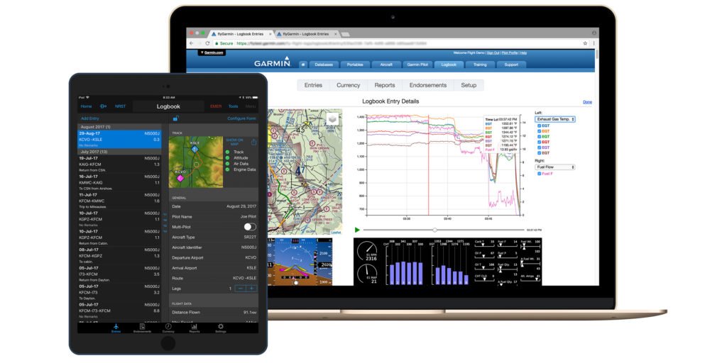 iPad and laptop computer displaying flight log and engine performance data 