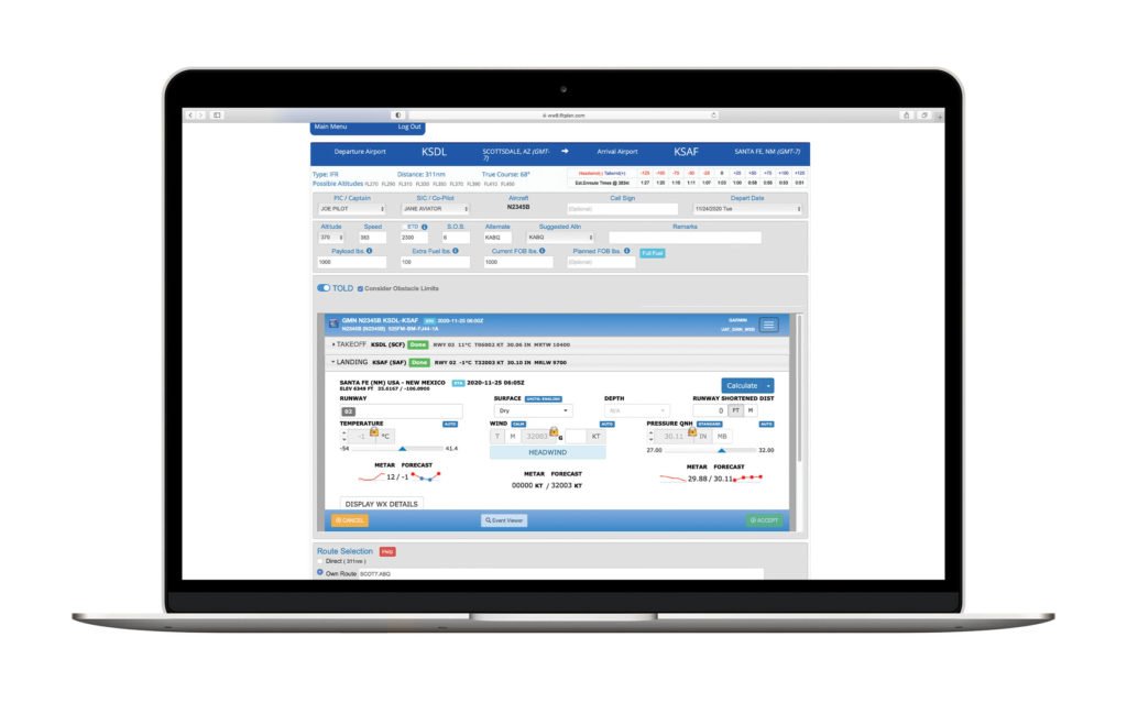 laptop computer displaying FltPlan.com AeroData runway analysis